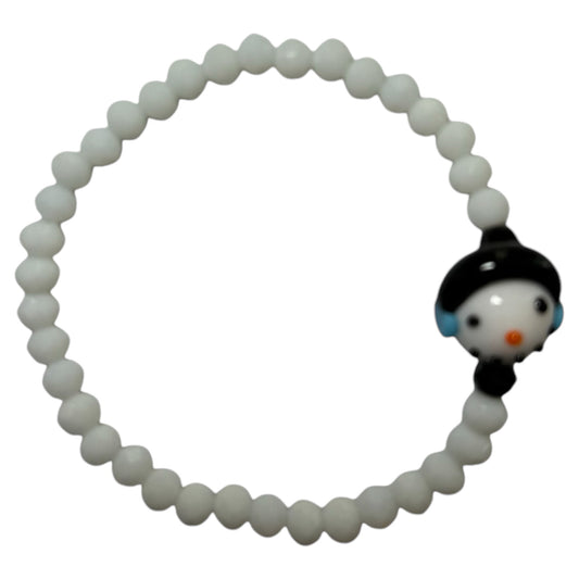 White Snowman Glass Beaded Stretch Bracelet