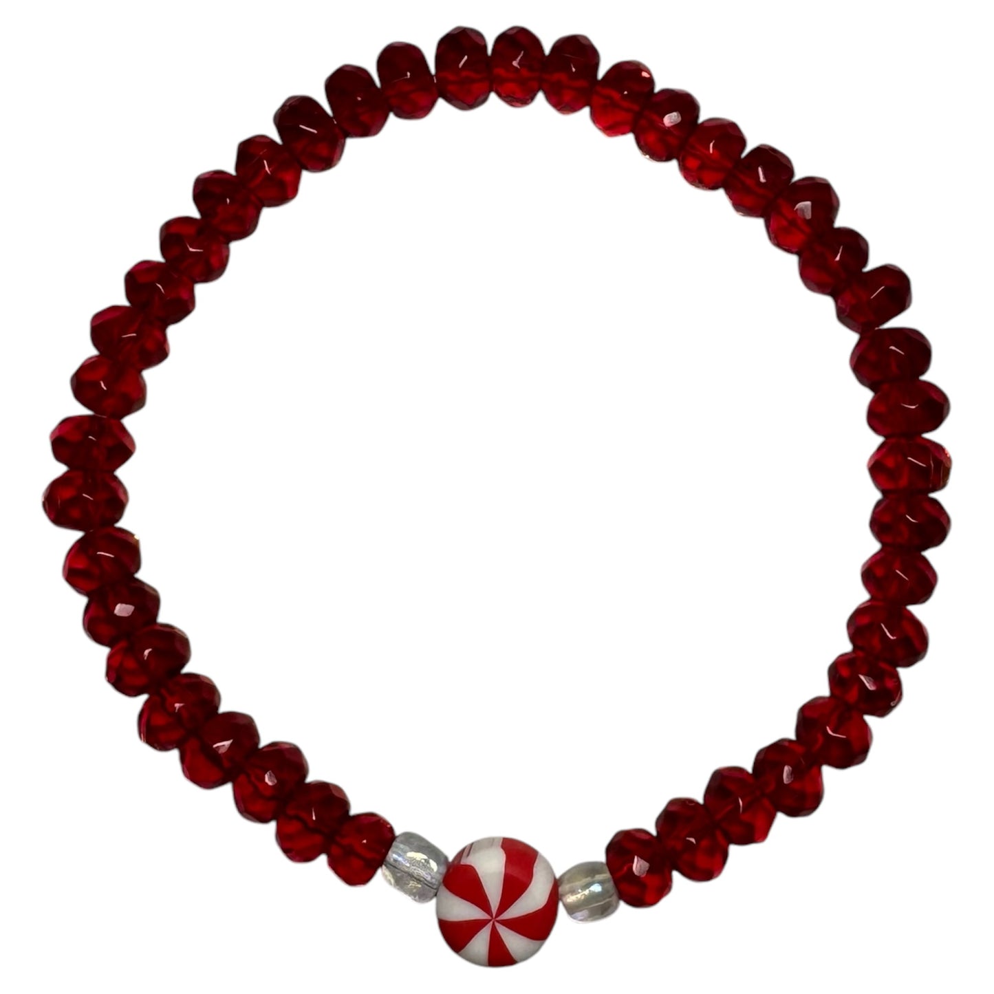 Red Peppermint Glass Stretch Beaded Bracelet