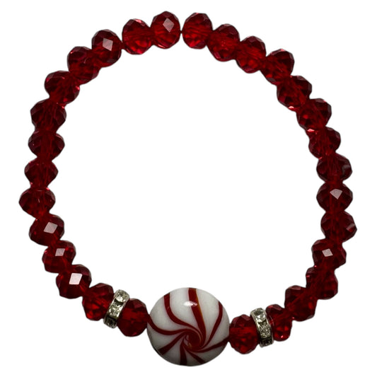 Red & White Peppermint Stretch Beaded Bracelet