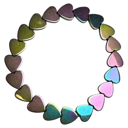 Iridescent Metal Heart Stretch Beaded Bracelet